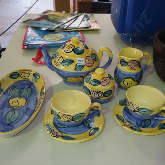 Christine Harris hand painted teapot, creamer, sugar etc