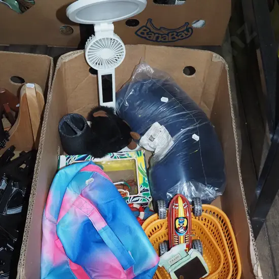 box; childrens toys, desk lamp, neck support etc