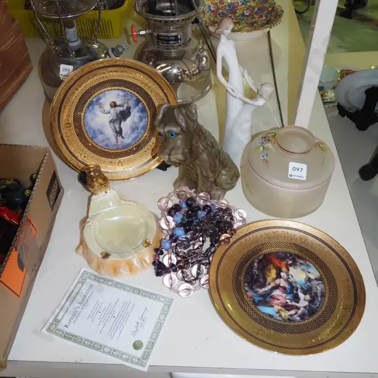 religious themed cabinet plate, canister, dog figurine etc