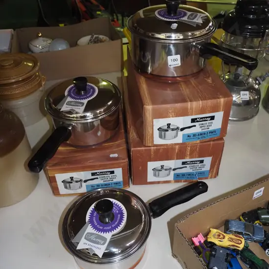 3x as new retro Murray stainless steel copper bottom pots