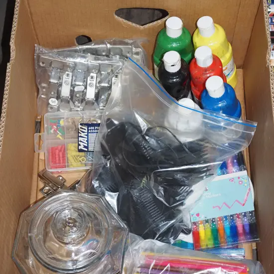 box; poster paints, pencils, electric shaving, cupboard hinges etc