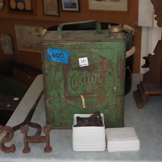 Castrol oil tin, tramping stove, branding iron