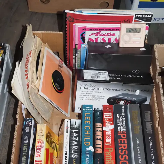 box; books, alarm clock, 78s etc