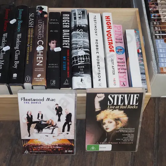 wooden box, music biographies, DVDs