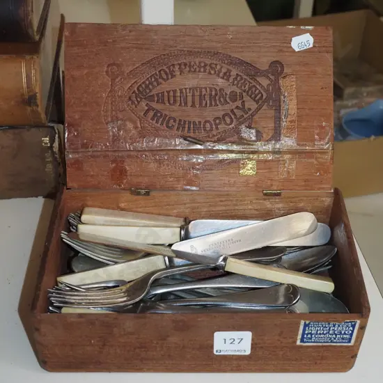 vintage cigar box, bone handles  knives, cutlery