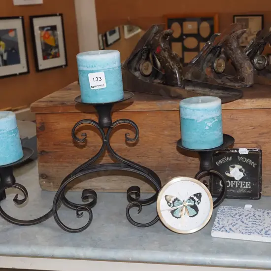 candelabra, bedside clock, 2x tiles/coasters