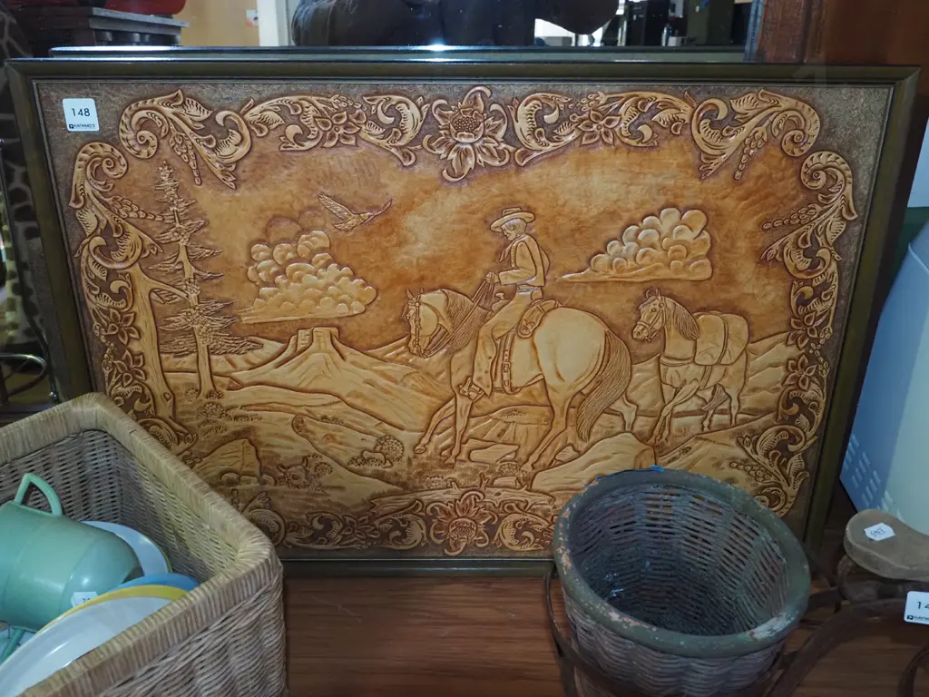 tooled leather artwork - cowboy and horses Image 1++