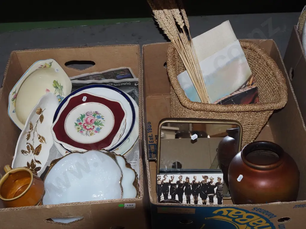 2x boxes; seagrass waste paper baket, vases, cabinet plates, milk glass bowls etc - green dots Image 1++