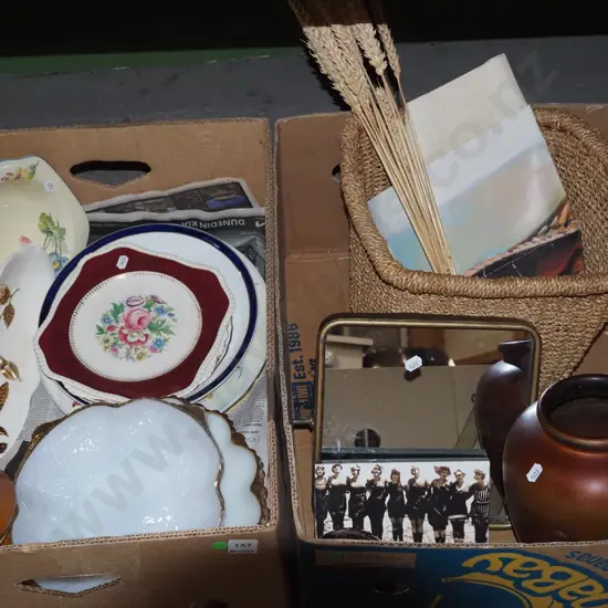 2x boxes; seagrass waste paper baket, vases, cabinet plates, milk glass bowls etc - green dots