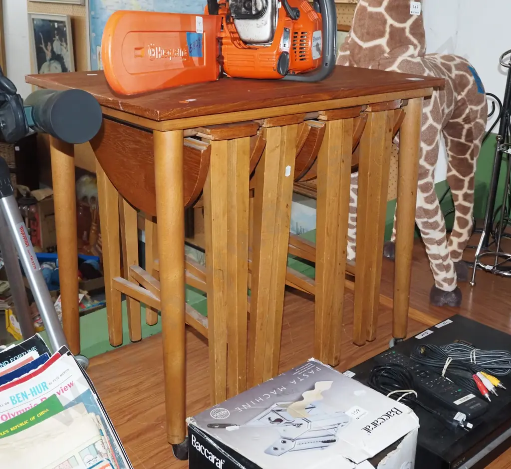 mid century end table with 4x small foldaway tables - partially restored, sanded through veneer Image 1++