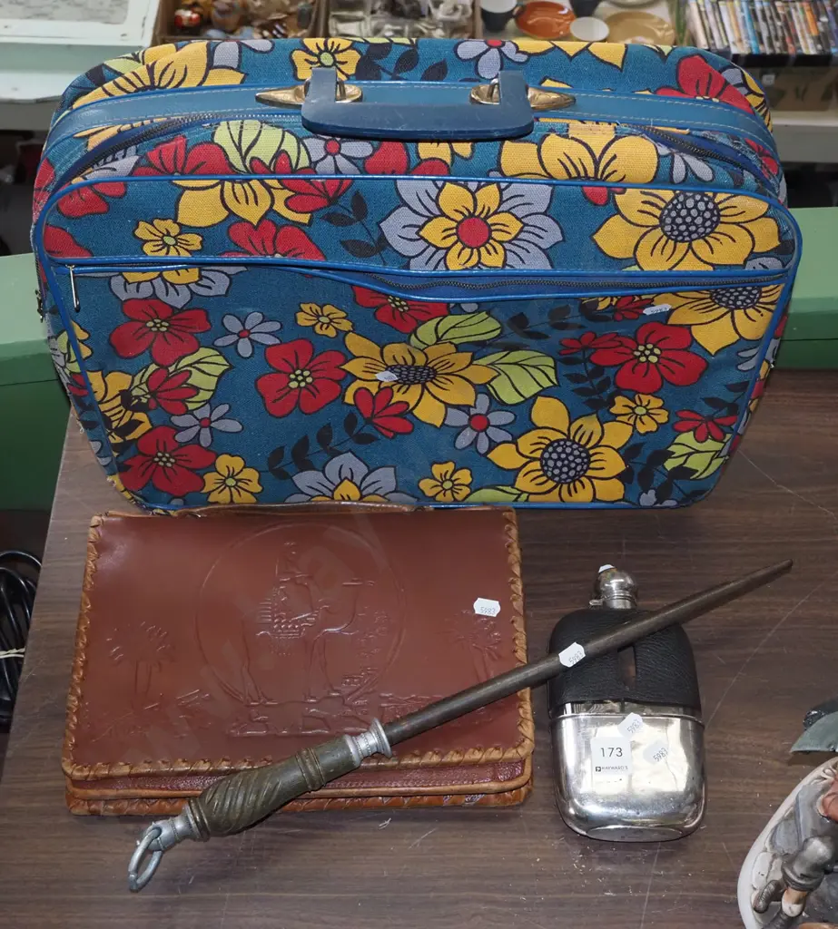tooled leather satchel, sharpening steel, floral suitcase, hip flask Image 1++