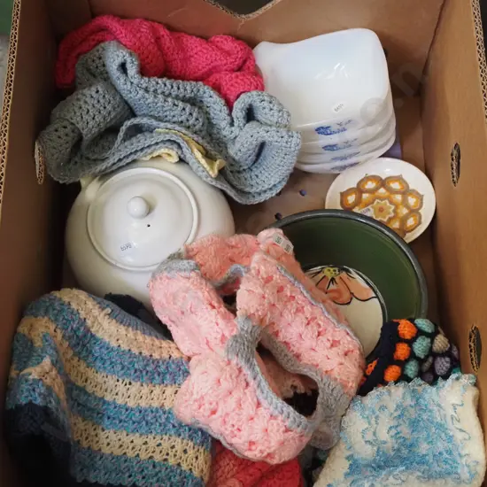 box; tea cosies, teapot, bowls etc