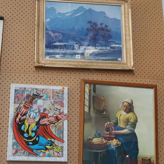 Thor print on canvas, 2x other prints - orange dots