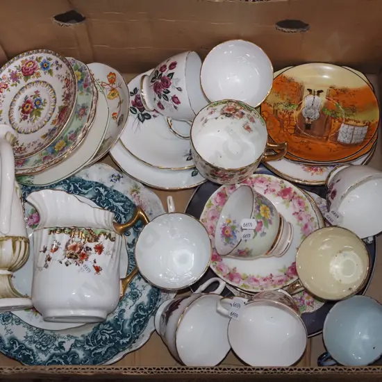 box; cups, saucers, jugs, plates