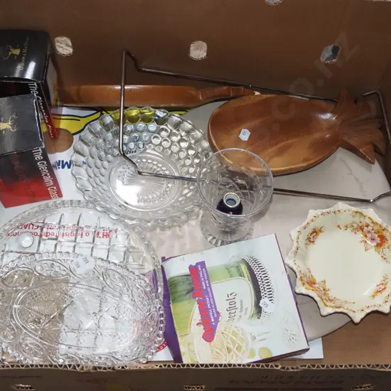 box; glass ware, wooden serving bowls, bowls etc