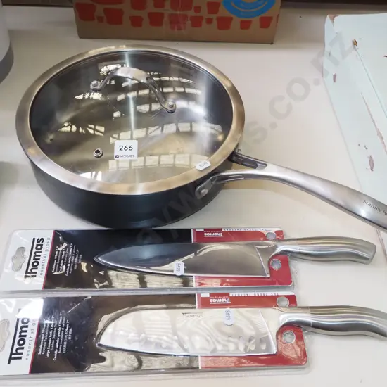 Stanley Rogers stainless steel frying pan, 2x as new Thomas knives