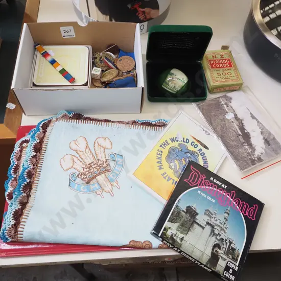 assorts; postcards, super 8 film, paper weights, medals etc