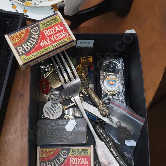 box; matches, cutlery, key rings, badges