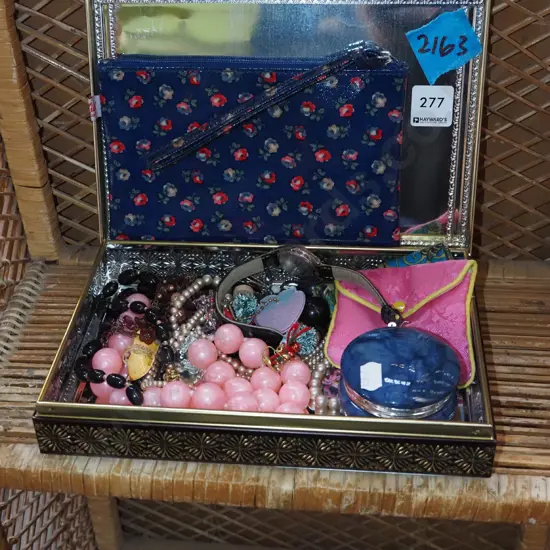 tin and costume jewellery, clutch purse etc