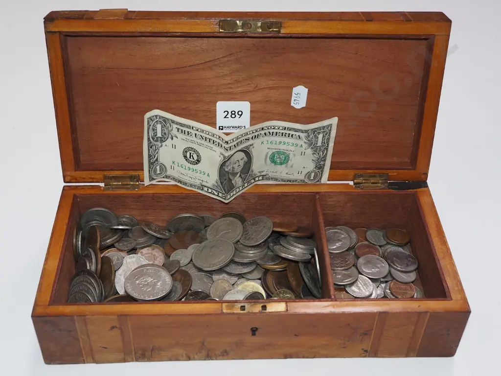 wooden box; coins, notes Image 1++