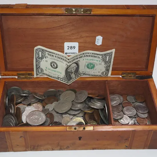wooden box; coins, notes