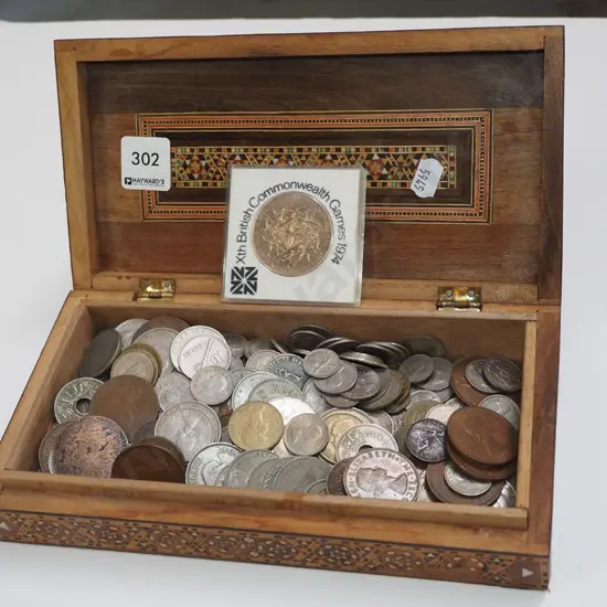 Middel Eastern inlaid box and coins
