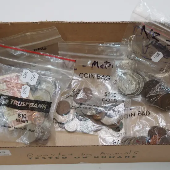 box; bank notes and coins