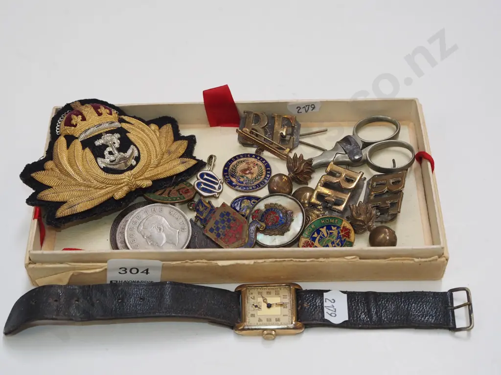 box; naval officers hat badge, coins, wristwatch, badges etc Image 1++