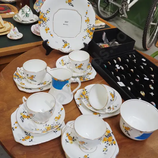 Empire trios, cake plate, creamer and sugar - damage to creamer and sugar