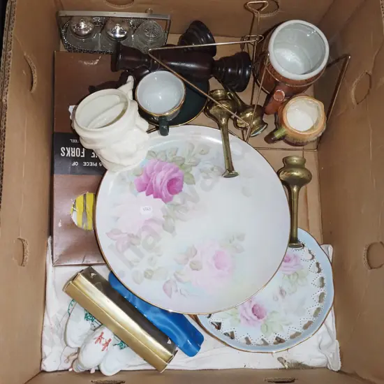 floral plates, toby jug, wooden candlesticks etc