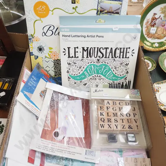 box; stamps, knitting needles, needlework kits etc