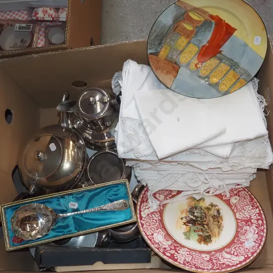 box; tablecloths, napkins, teapots etc