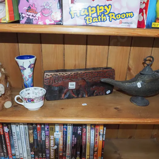 shelf; ALF toy, vase, tarot cup etc