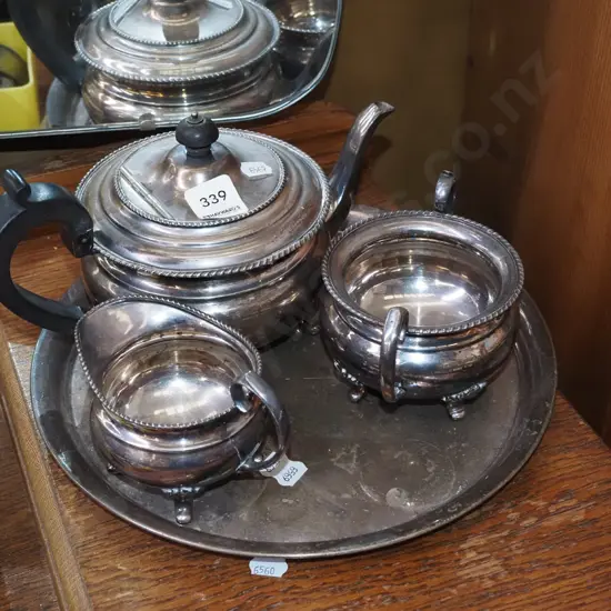 plated teapot, creamer, sugar etc