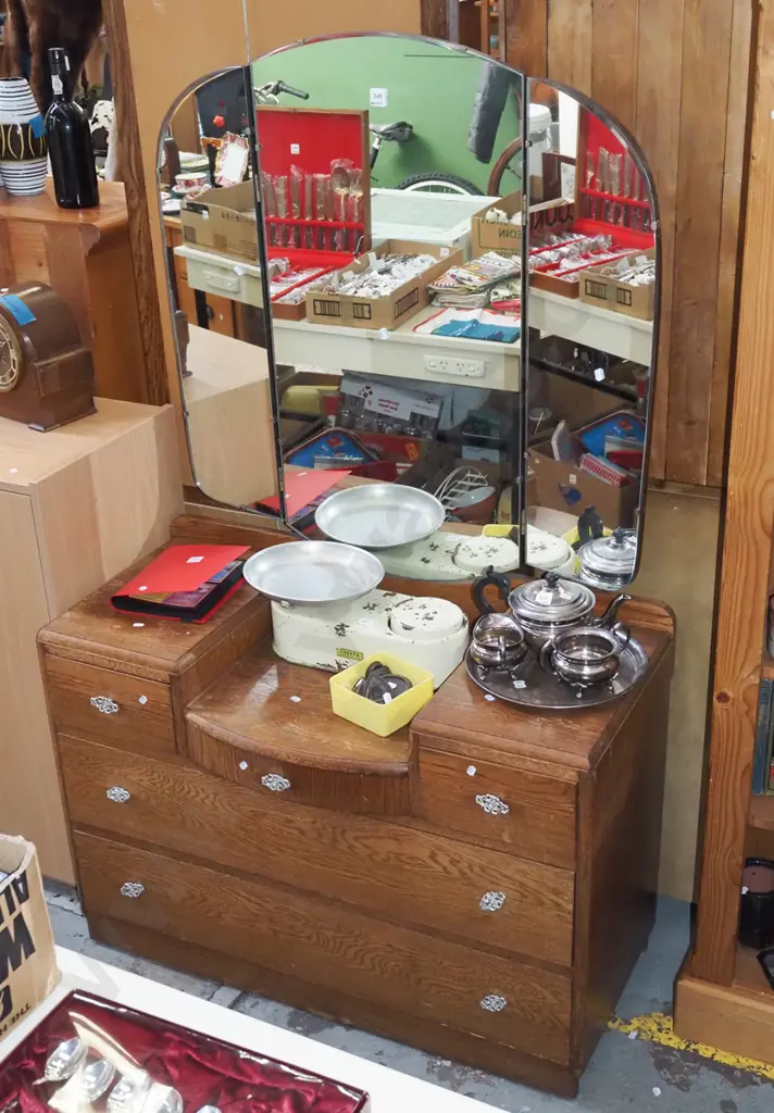 oak 5 drawer mirror back dresser H1580 W980 D450 Image 1++