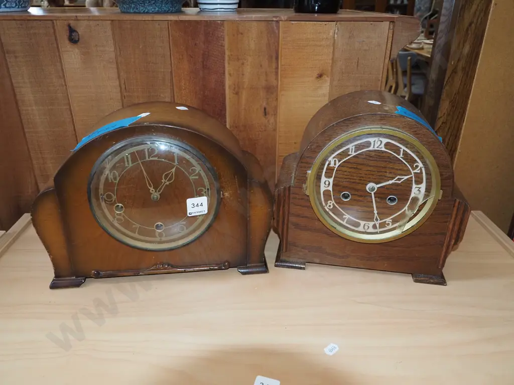 2x deco wood cased mantle clock - 1 has damaged - missing keys Image 1++