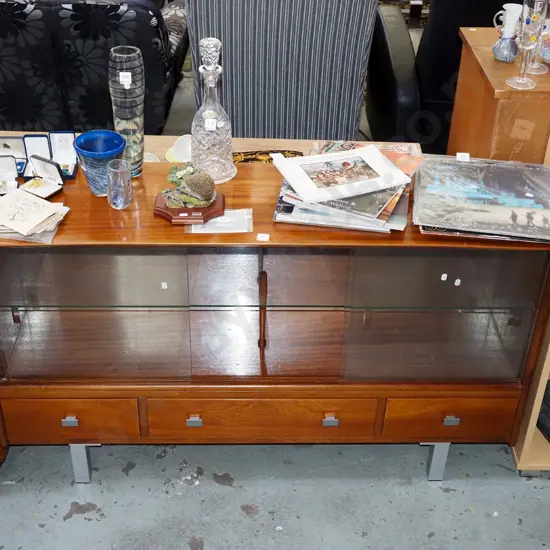 mahogany sideboard with 3 drawers, sliding glass display glass doors -updated handles and legs 