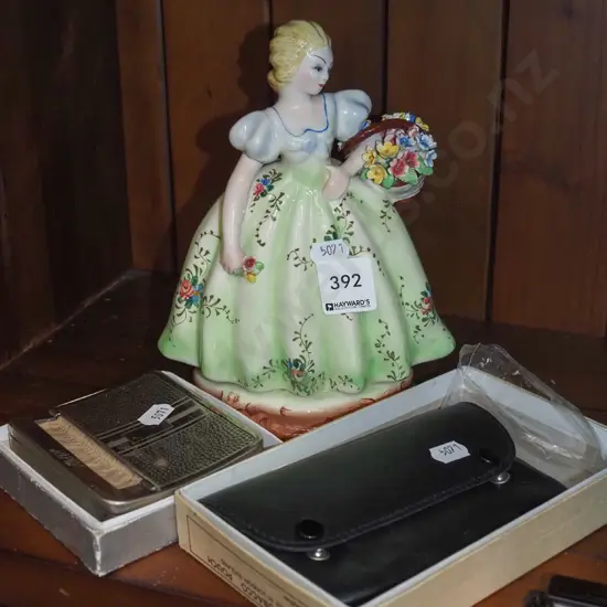 ceramic Italian female figurine, cigarette roller, tobacco pouch