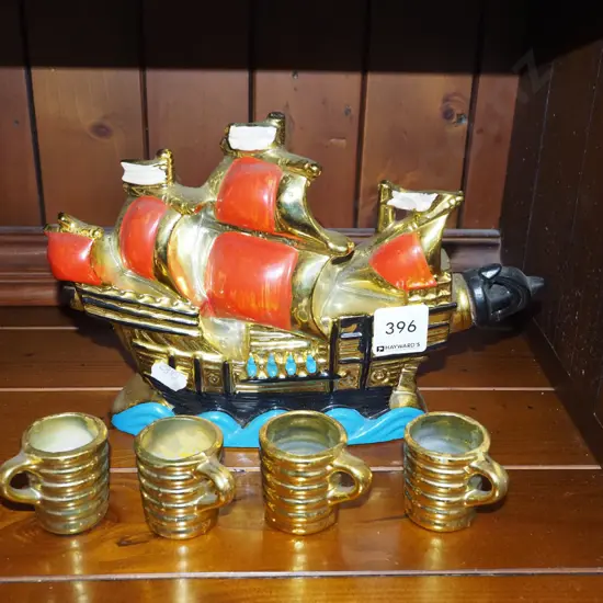 galleon decanter with 4 small barrel cups