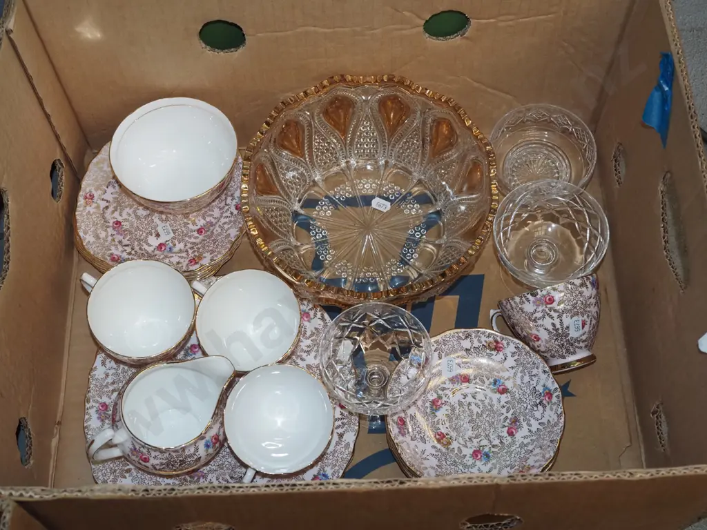 box; tea cups, creamer Colclough, cake plate etc Image 1++