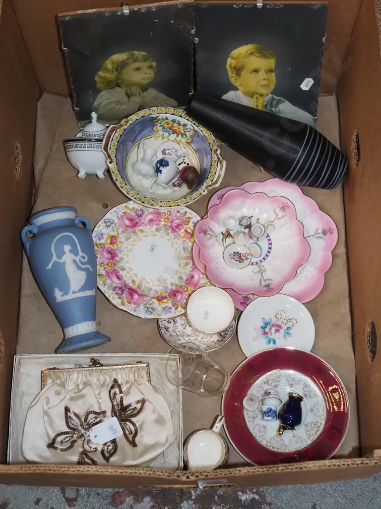 box; prints, jasperware vase, saucers, miniatures etc Image 1++