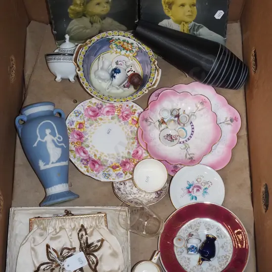 box; prints, jasperware vase, saucers, miniatures etc