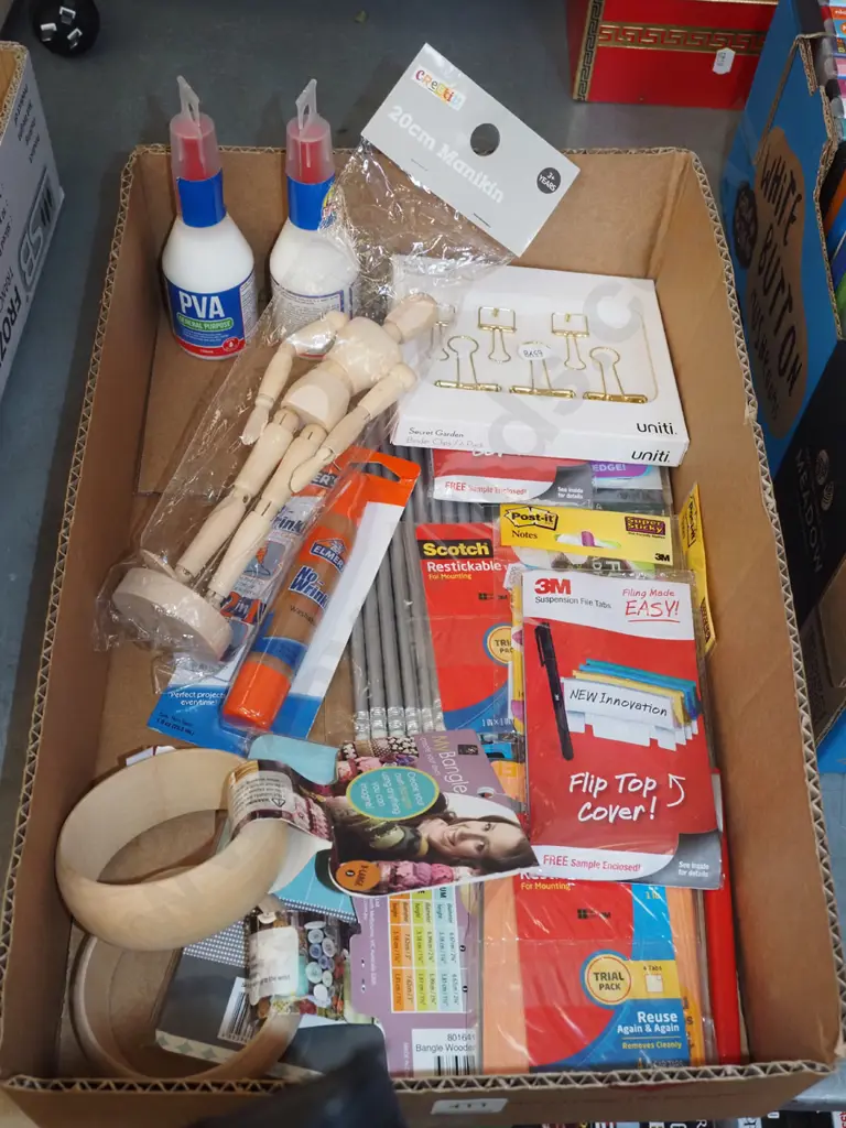 box; crafting allsorts; pva glue, wooden bangles, pencils, labels etc Image 1++
