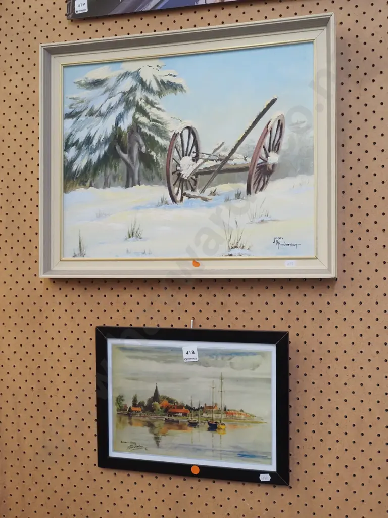 framed oil - cart wheels, moored yachts - orange dots Image 1++