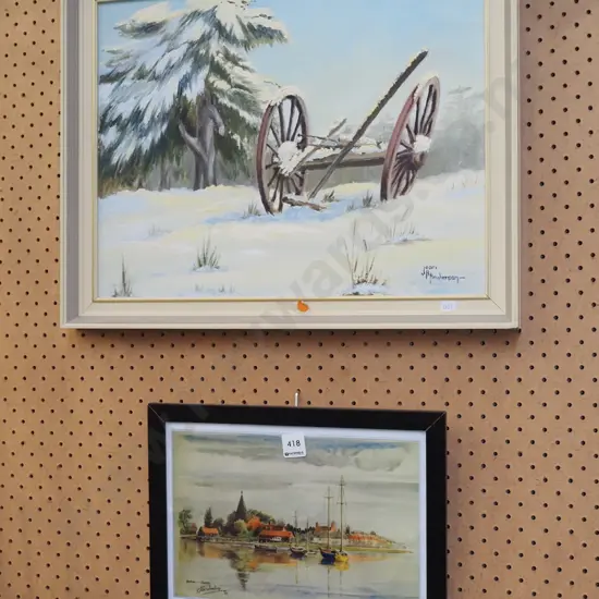 framed oil - cart wheels, moored yachts - orange dots