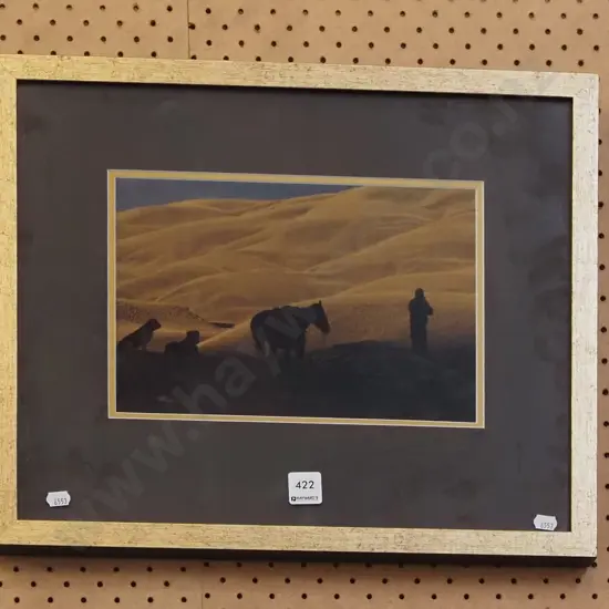 framed photo - Central Otago shepherd, horse and dogs