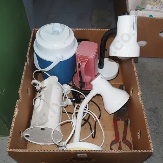 box; electric can opener, lamps, torch, drink bottle etc