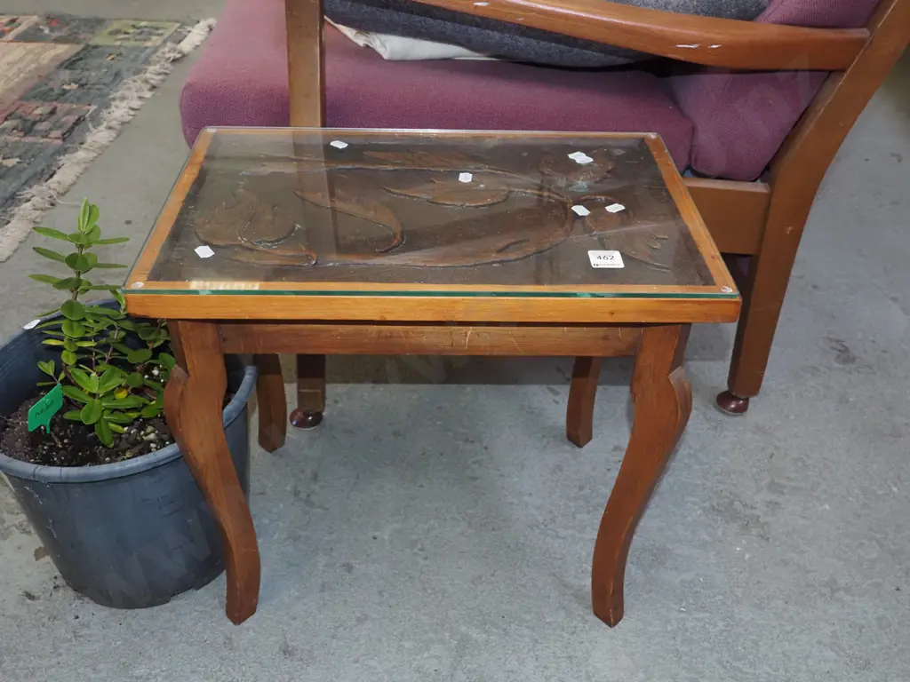 chipped carved top cab leg wood and glass end table Image 1++