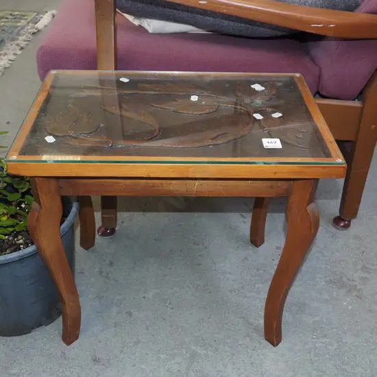 chipped carved top cab leg wood and glass end table