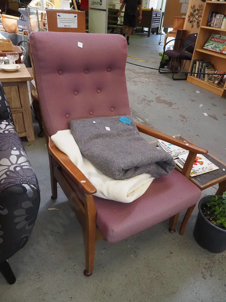 mid century deep buttoned upholstered armchair - some fading Image 1++